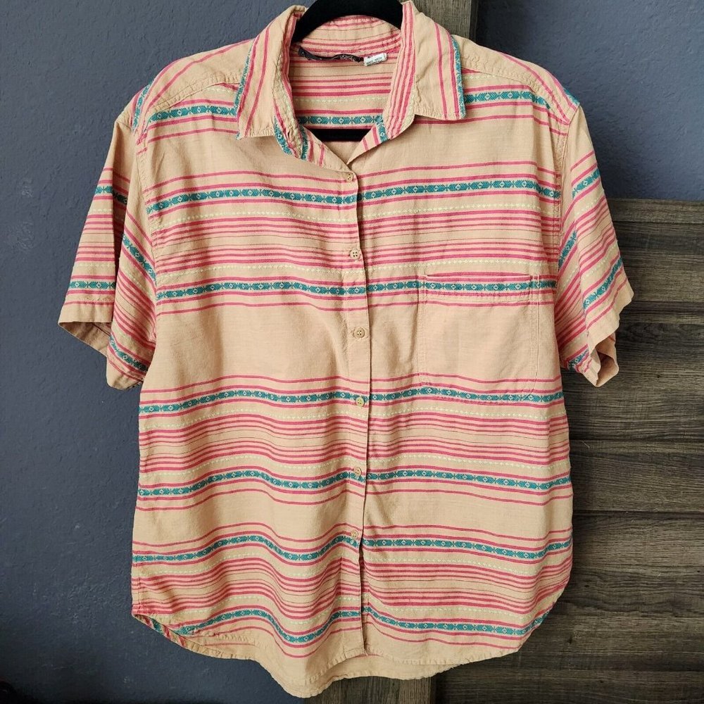Pinot‎ Noir Women Shirt XL 40/20W Brown Pink Stripes Short Sleeve Button Up